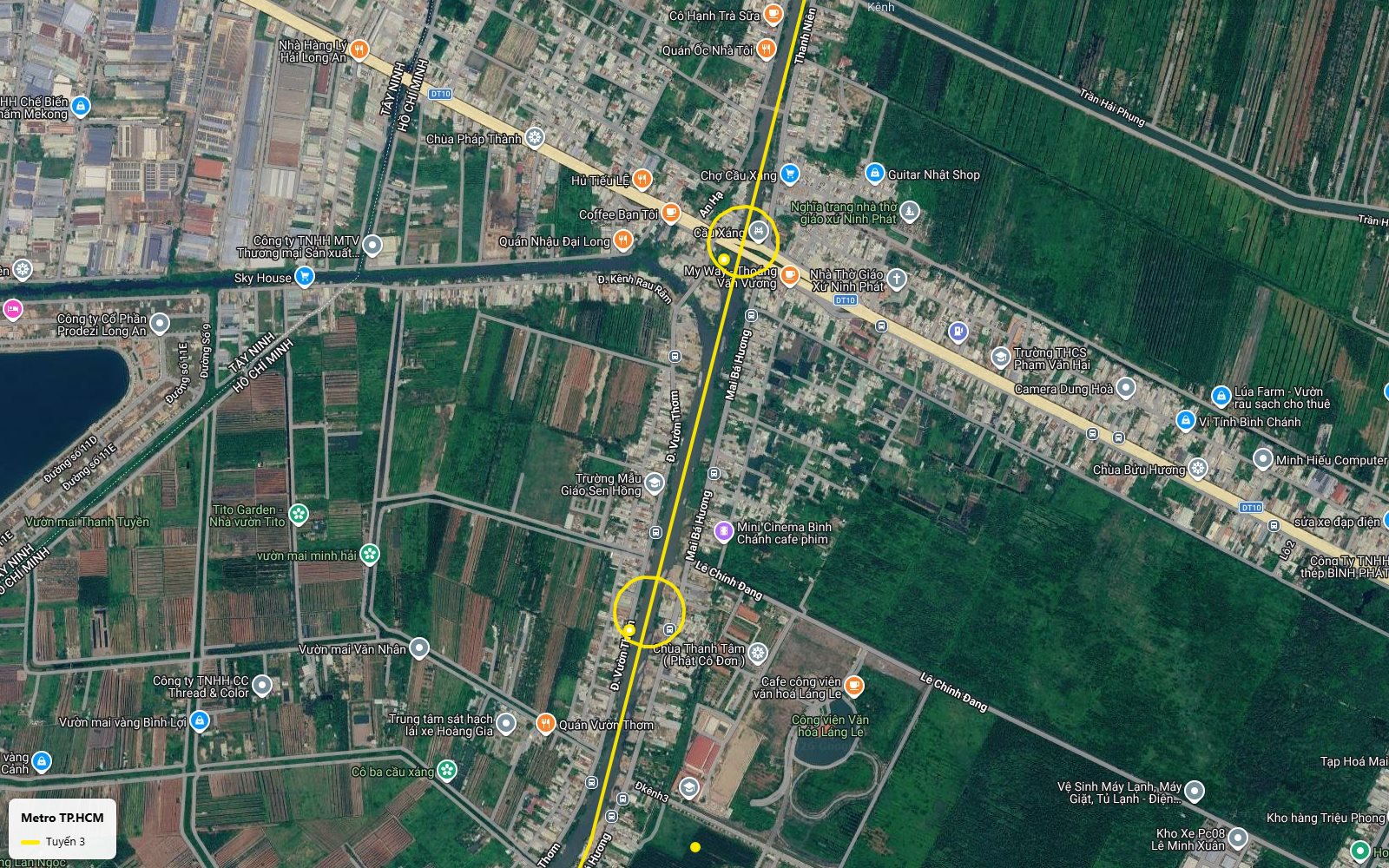 Lộ trình tuyến metro số 3 TP.HCM qua ga Cầu Xáng trên tỉnh lộ DT10, gần nhà thờ Ninh Phát và chùa Bửu Hương
