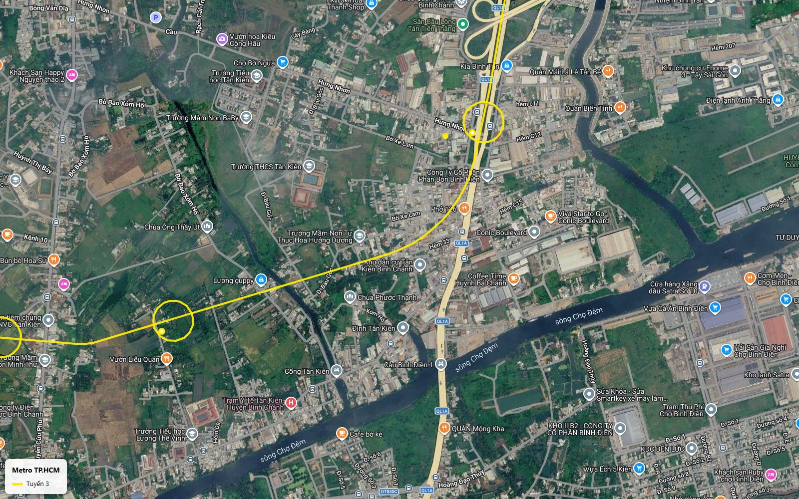 Lộ trình tuyến metro số 3 TP.HCM vượt Quốc lộ 1A tại ga Hưng Nhơn, gần chợ đầu mối Bình Điền và sông Chợ Đệm