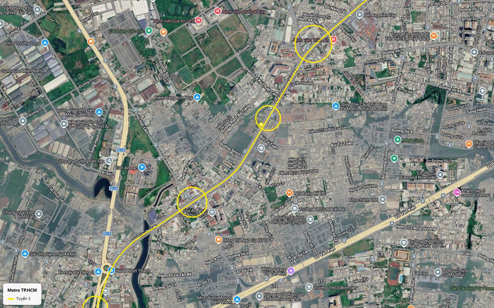 Lộ trình tuyến metro số 3 TP.HCM qua ga khu Bệnh viện Triều An trên đường Kinh Dương Vương, gần Bến xe Miền Tây