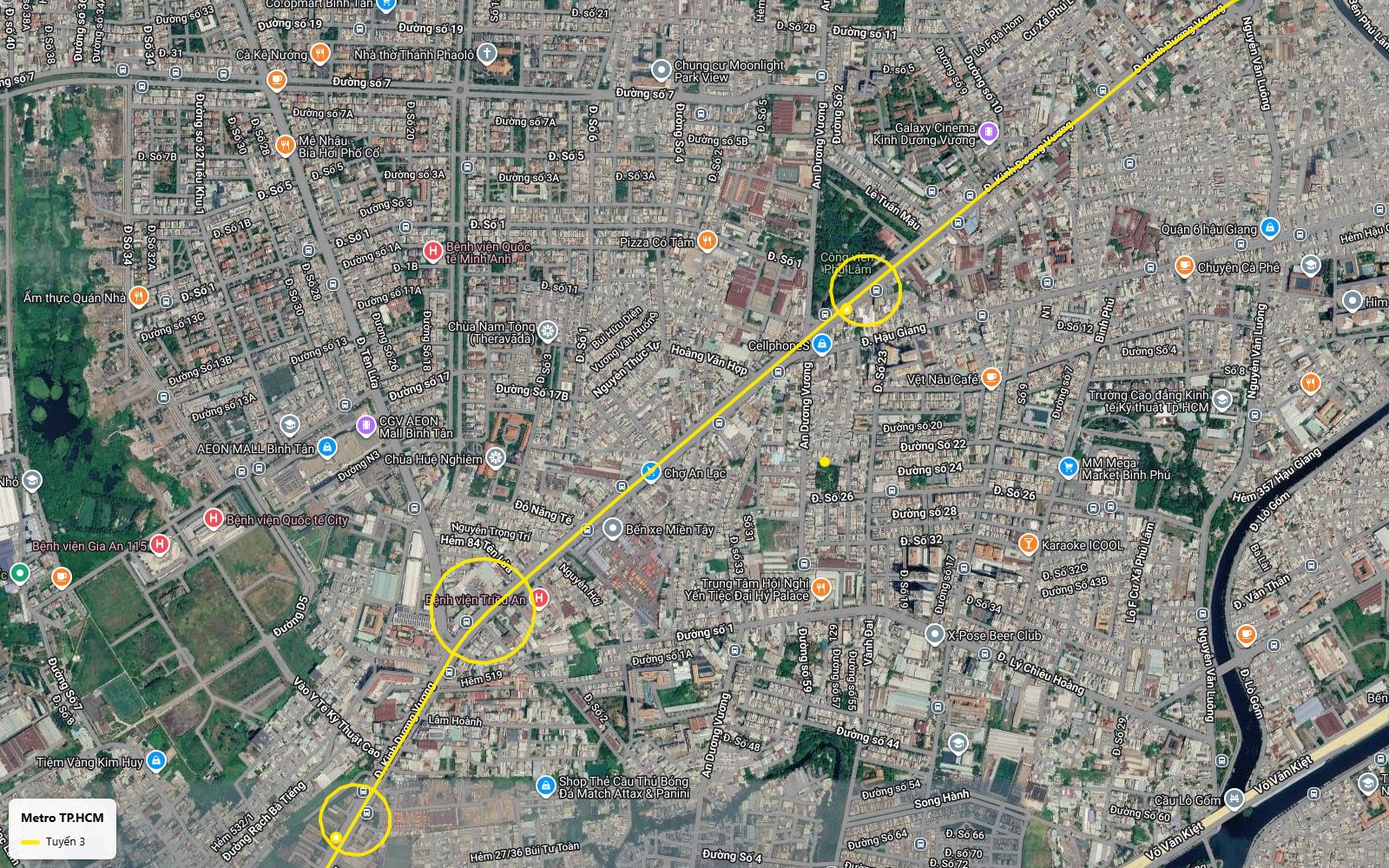 Lộ trình tuyến metro số 3 TP.HCM qua chợ An Lạc, AEON Mall Bình Tân tới ga Công viên Phú Lâm, Quận 6