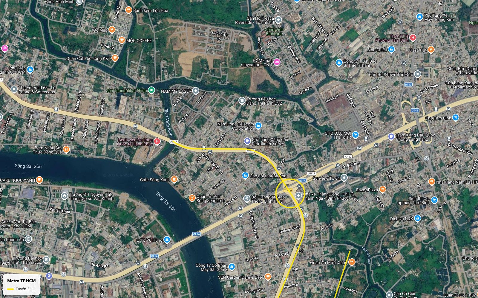 Lộ trình tuyến metro số 3 TP.HCM cập bến ga cuối ngã tư Bình Phước, nơi Quốc lộ 13 gặp Quốc lộ 1A, gần chợ đầu mối Thủ Đức