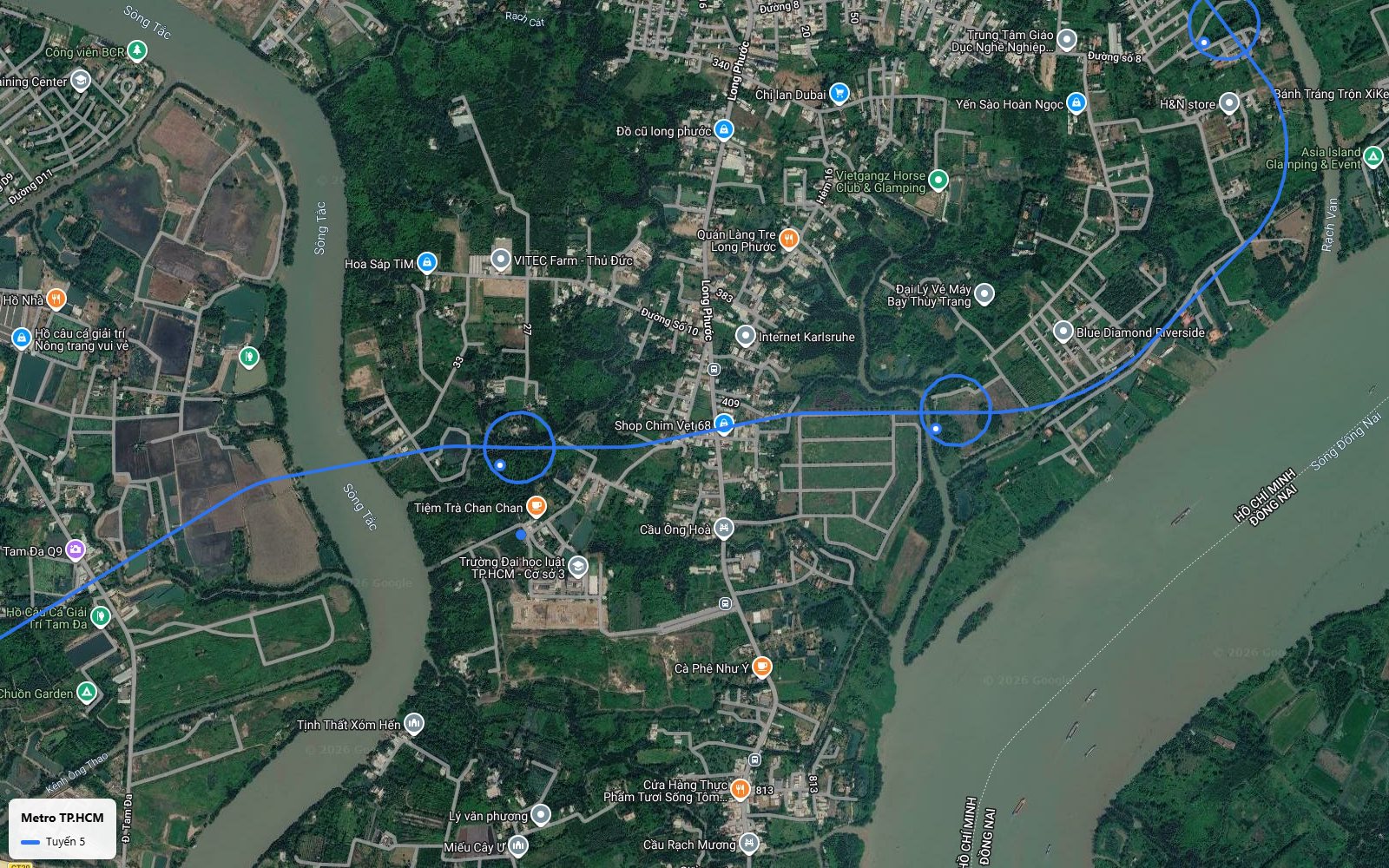 Lộ trình tuyến metro số 5 băng sông Tắc sang phường Long Phước, hướng ra sông Đồng Nai