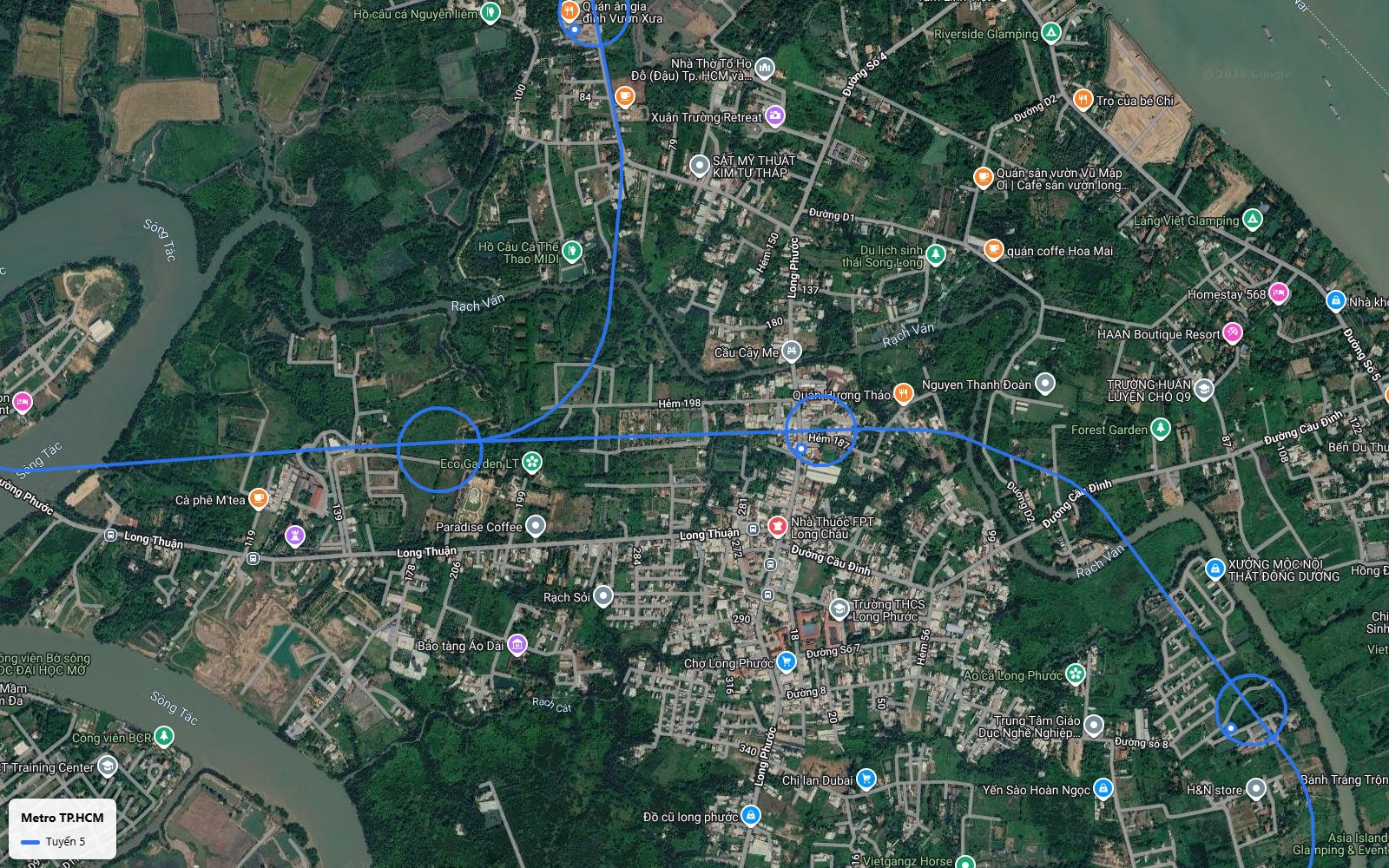 Lộ trình tuyến metro số 5 tại trung tâm Long Phước với trục Đông Tây và nhánh Bắc Nam giao nhau