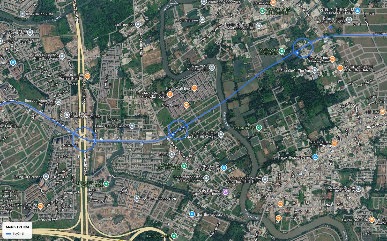 Lộ trình tuyến metro số 5 tại giao lộ Liên Phường và Võ Chí Công, khu Phú Hữu, rạch Chiếc