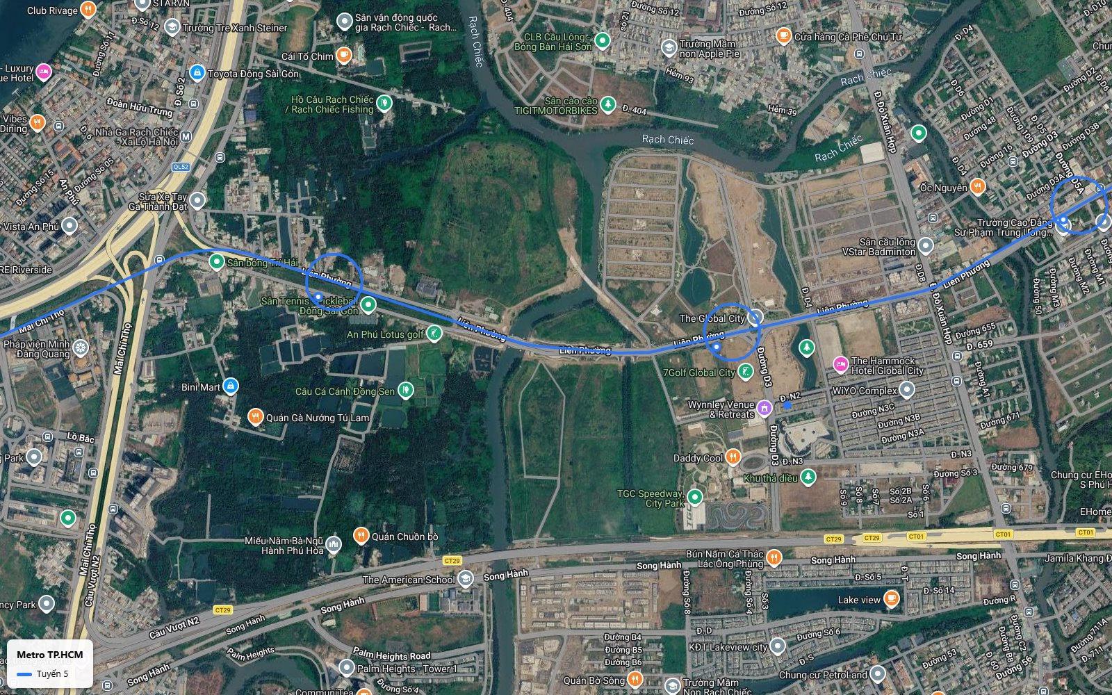 Lộ trình tuyến metro số 5 đi giữa The Global City và khu quy hoạch sân vận động quốc gia Rạch Chiếc