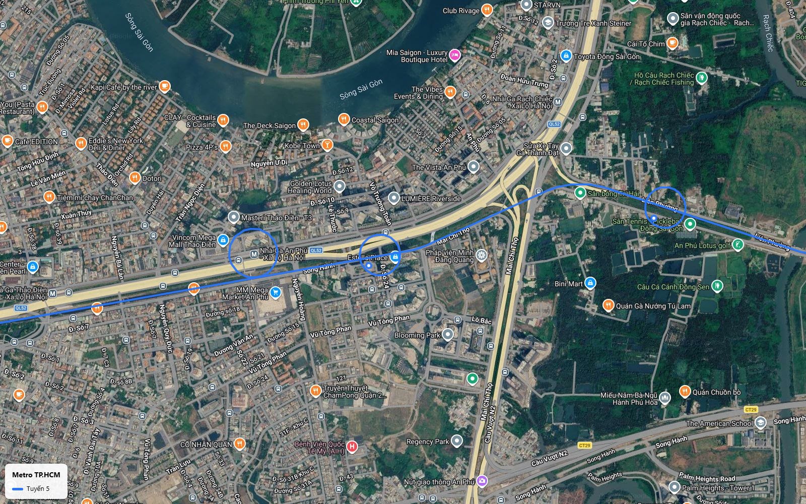 Lộ trình tuyến metro số 5 tại nút giao An Phú, ga An Phú trên Xa lộ Hà Nội gần Thảo Điền