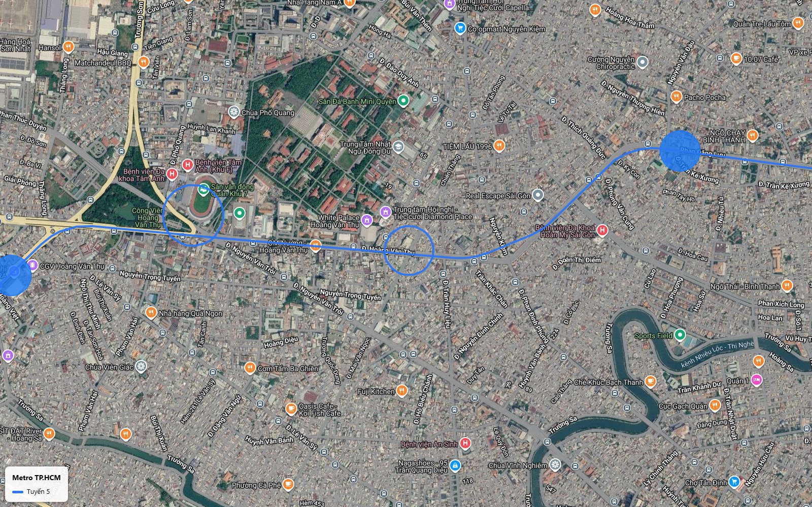 Lộ trình tuyến metro số 5 đi ngầm theo đường Hoàng Văn Thụ, quận Phú Nhuận, gần sân vận động Quân khu 7