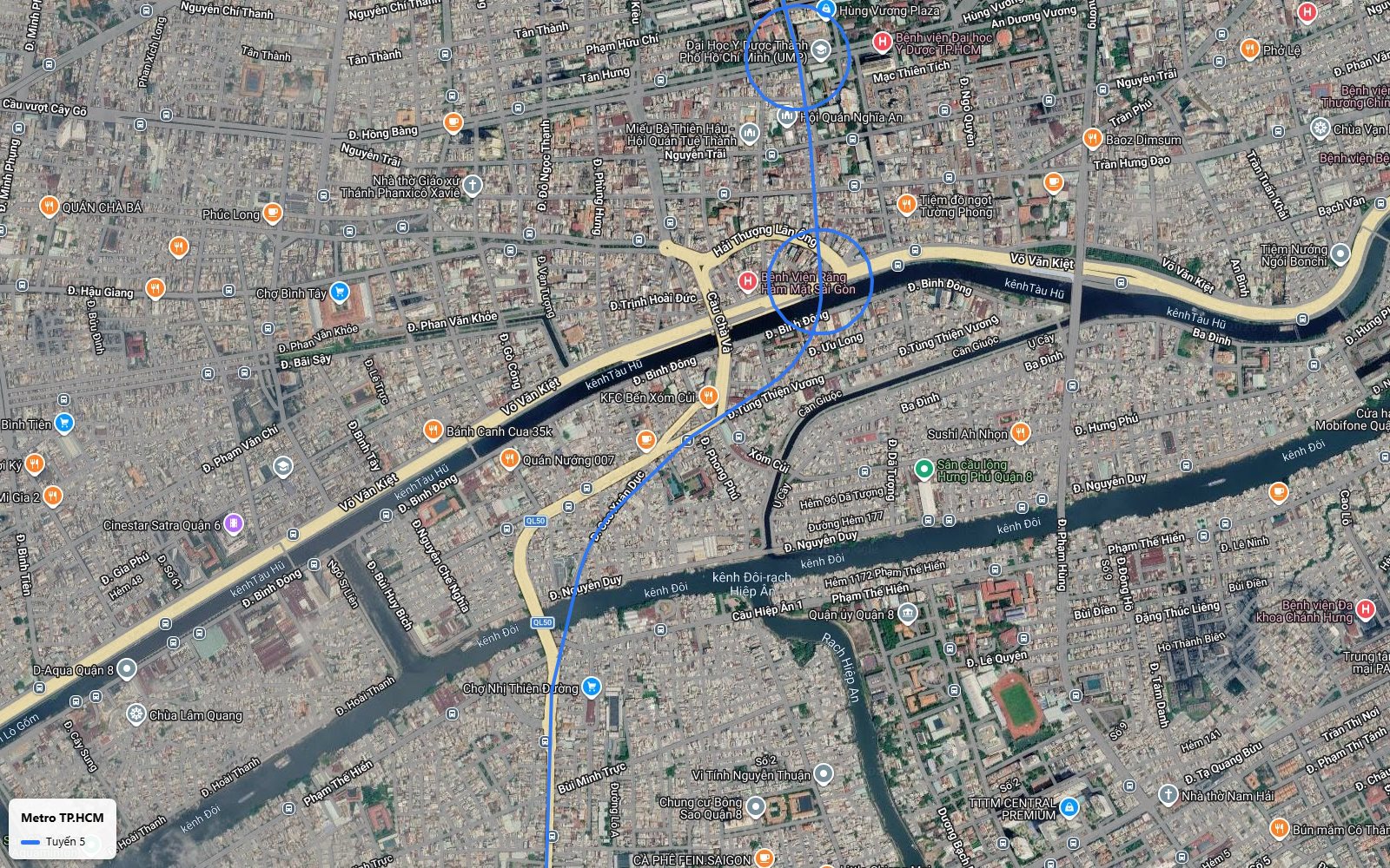 Lộ trình tuyến metro số 5 vượt đại lộ Võ Văn Kiệt, kênh Tàu Hủ và kênh Đôi vào Quận 8