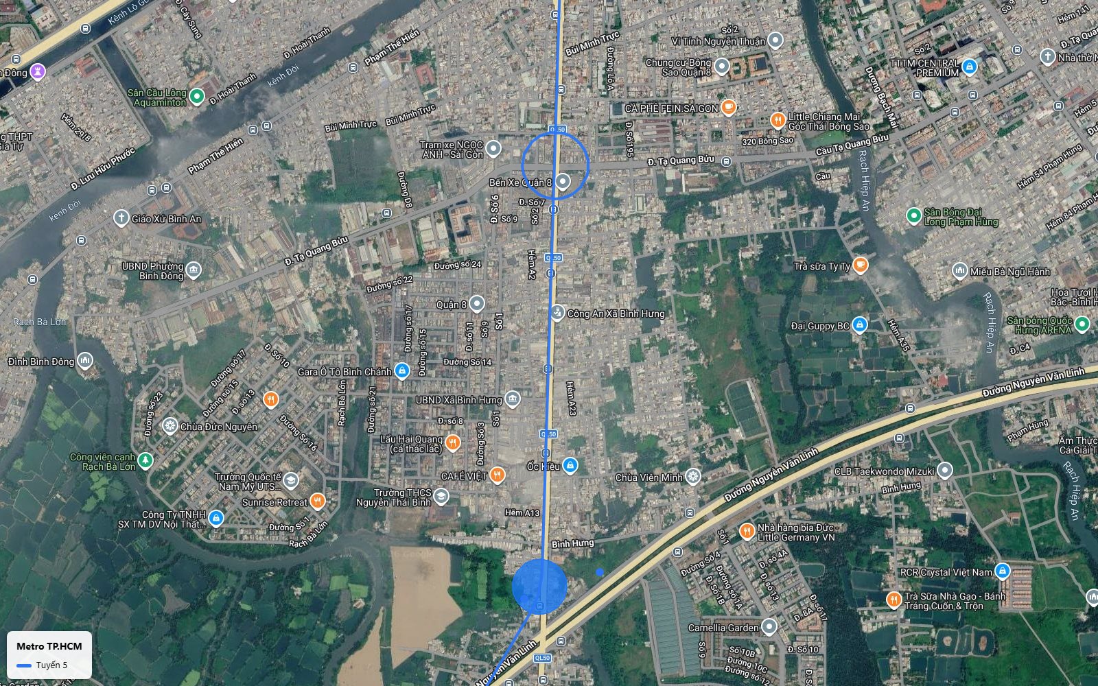 Lộ trình tuyến metro số 5 chạy dọc Quốc lộ 50 qua xã Bình Hưng, giao đại lộ Nguyễn Văn Linh