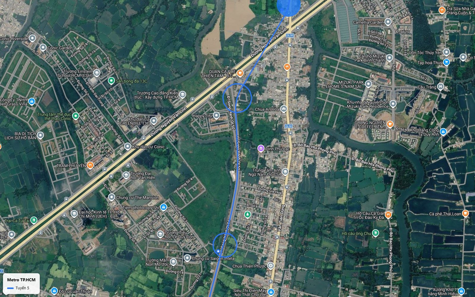 Lộ trình tuyến metro số 5 theo đường Song Hành Quốc lộ 50 qua xã Phong Phú, gần Mizuki Park