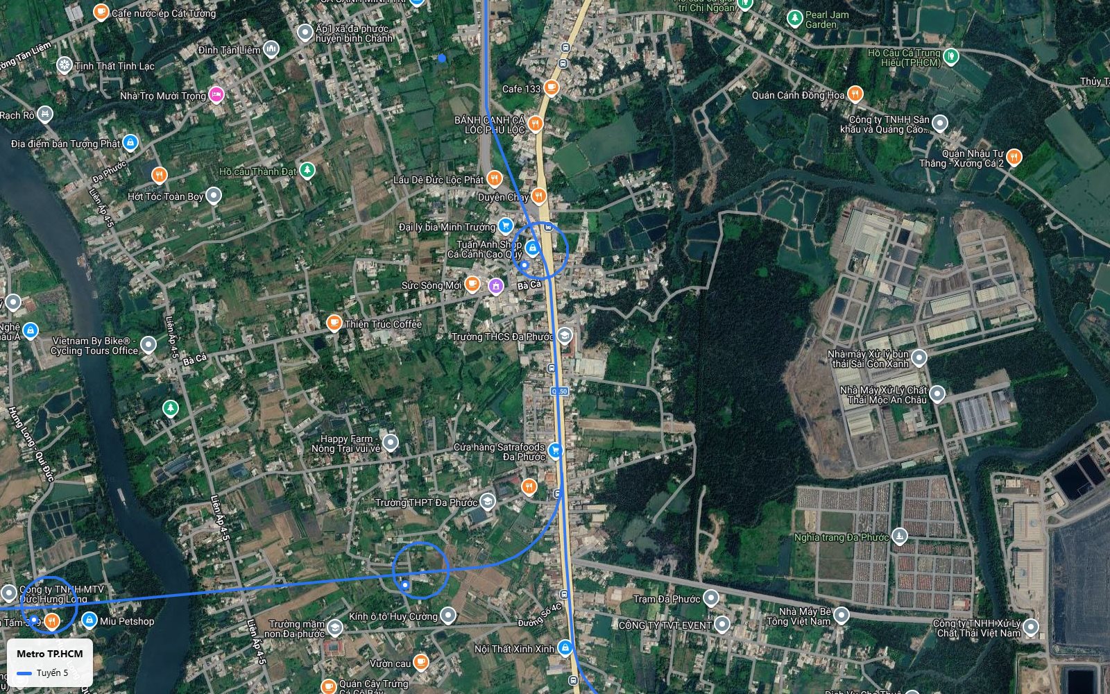 Lộ trình tuyến metro số 5 tại xã Đa Phước, Bình Chánh với nhánh rẽ Tây về hướng Hưng Long