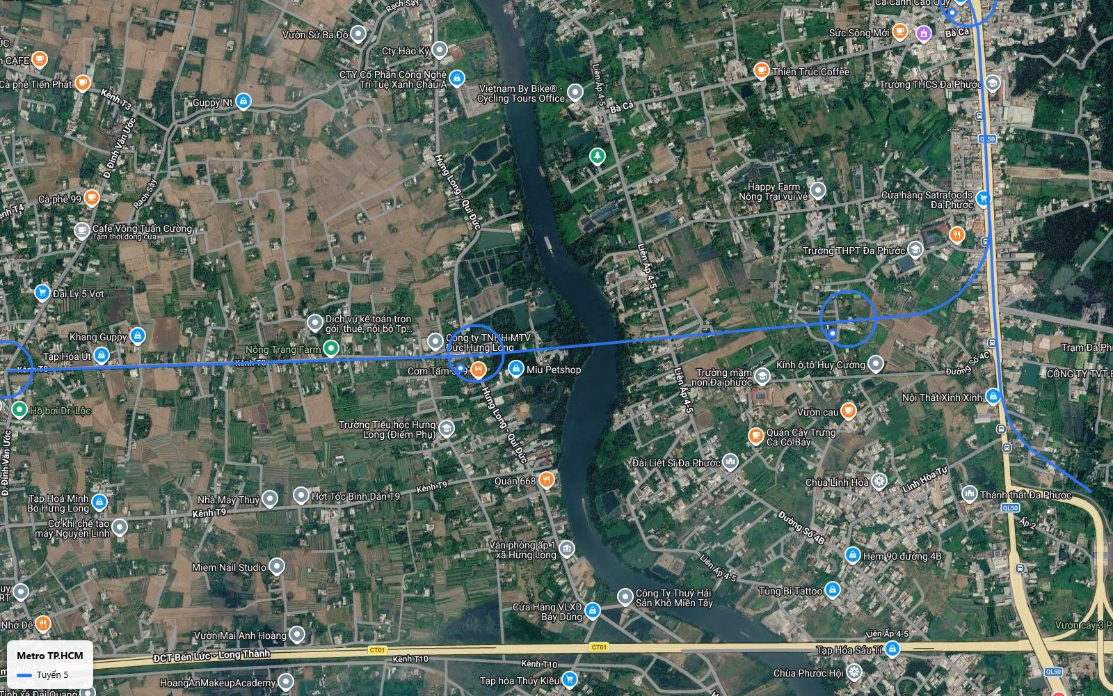Lộ trình nhánh Tây tuyến metro số 5 vượt sông ven trục Hưng Long, Qui Đức, trên cao tốc Bến Lức Long Thành