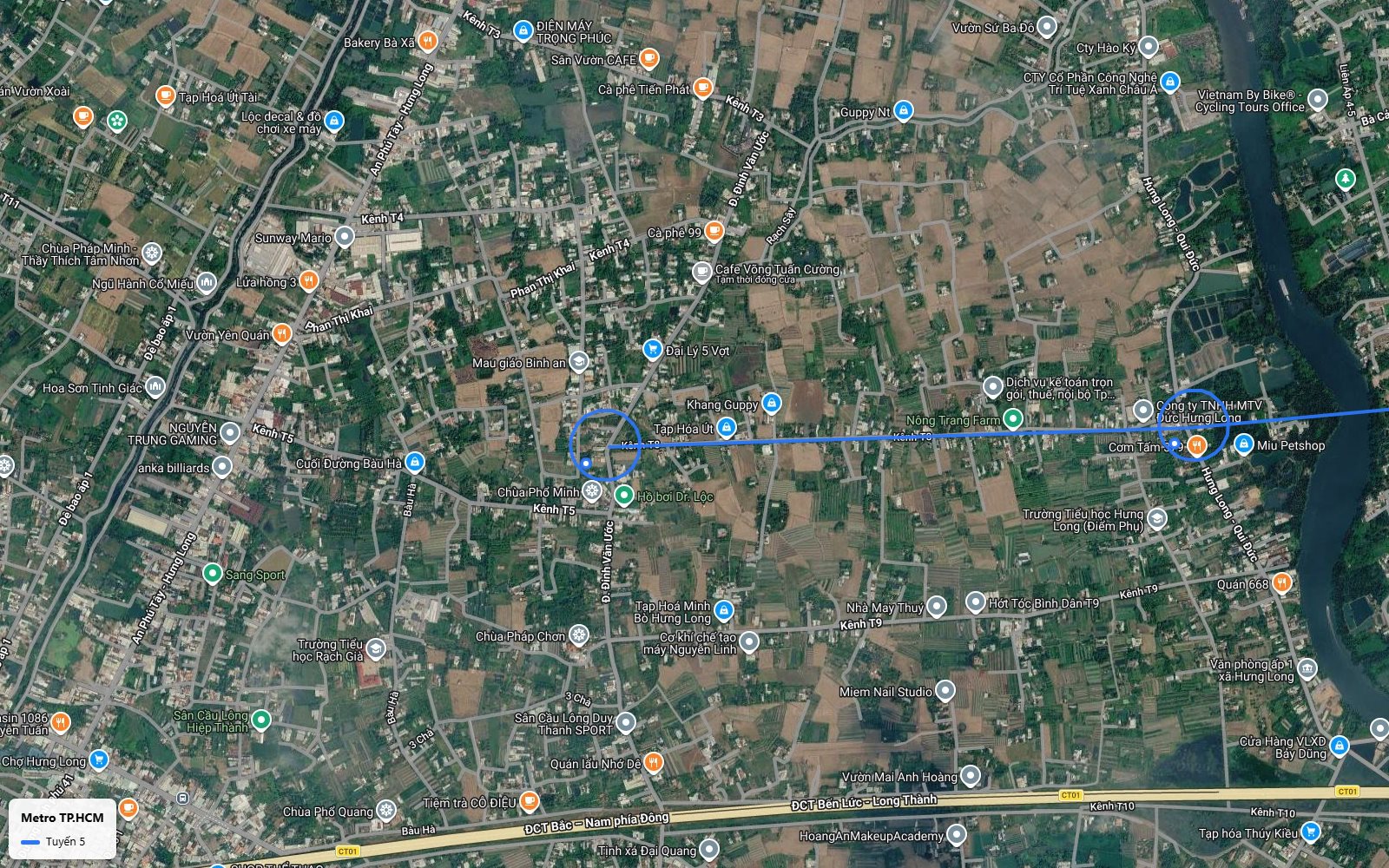 Lộ trình điểm cuối nhánh Hưng Long tuyến metro số 5 gần kênh T5 và đường Đinh Văn Ước, Bình Chánh