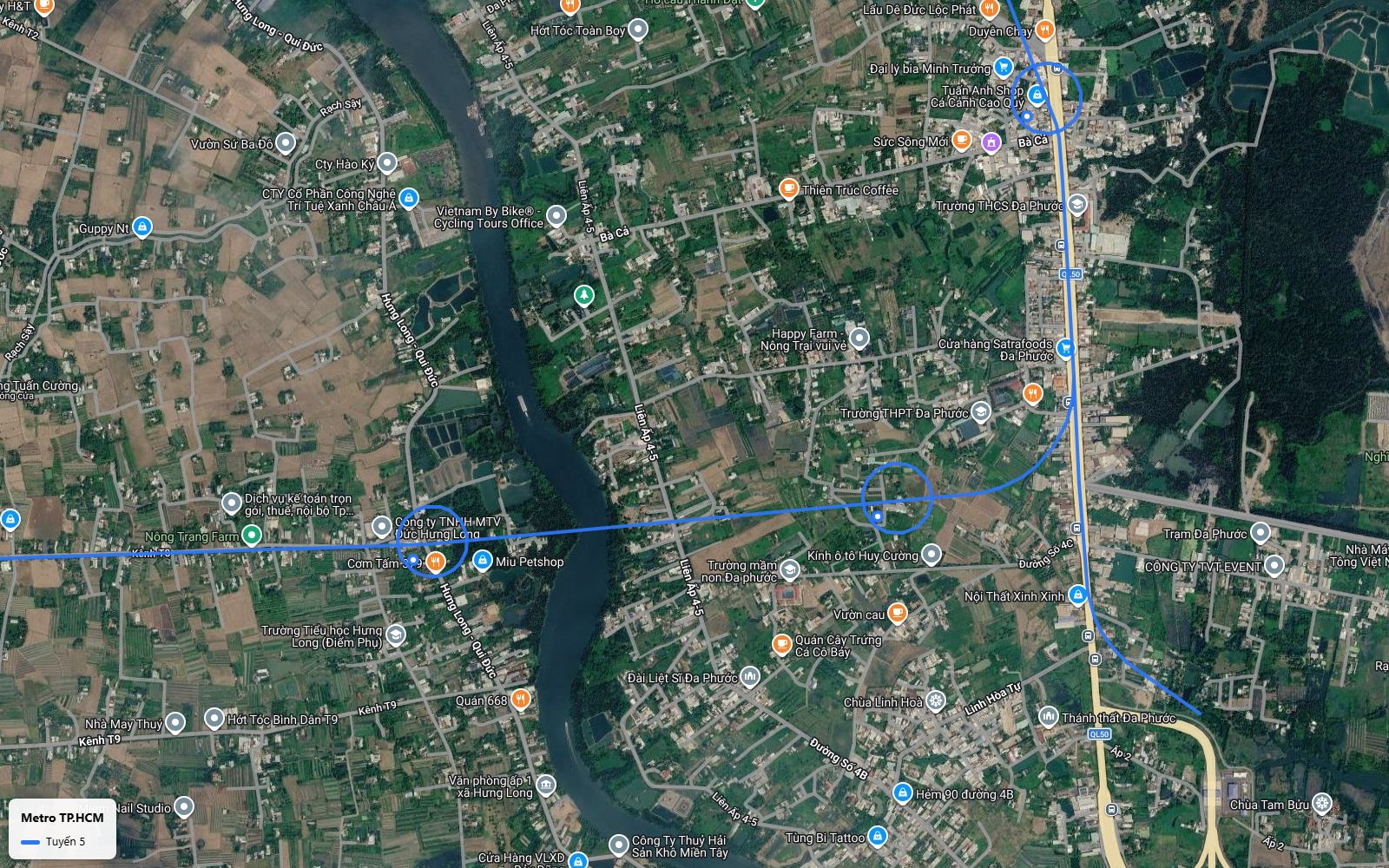 Lộ trình tuyến metro số 5 tách khỏi Quốc lộ 50 tại Đa Phước, uốn về phía Đông Nam qua đường Số 4C