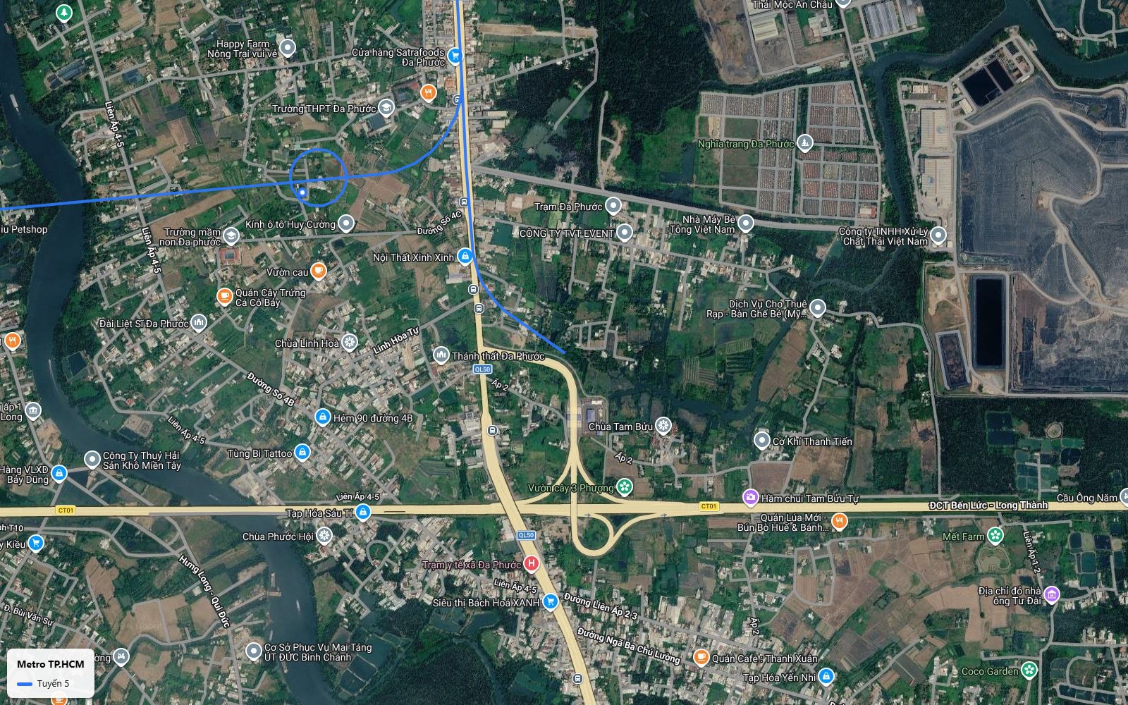 Lộ trình điểm cuối tuyến metro số 5 TP.HCM gần nút giao Quốc lộ 50 và cao tốc Bến Lức Long Thành, Đa Phước