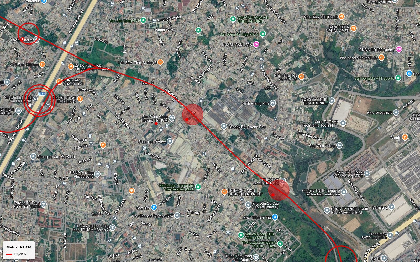 Lộ trình tuyến metro số 6 cắt chéo lưới phố Phước Long B trên trục Liên Phường Dương Đình Hội với hai ga ngầm