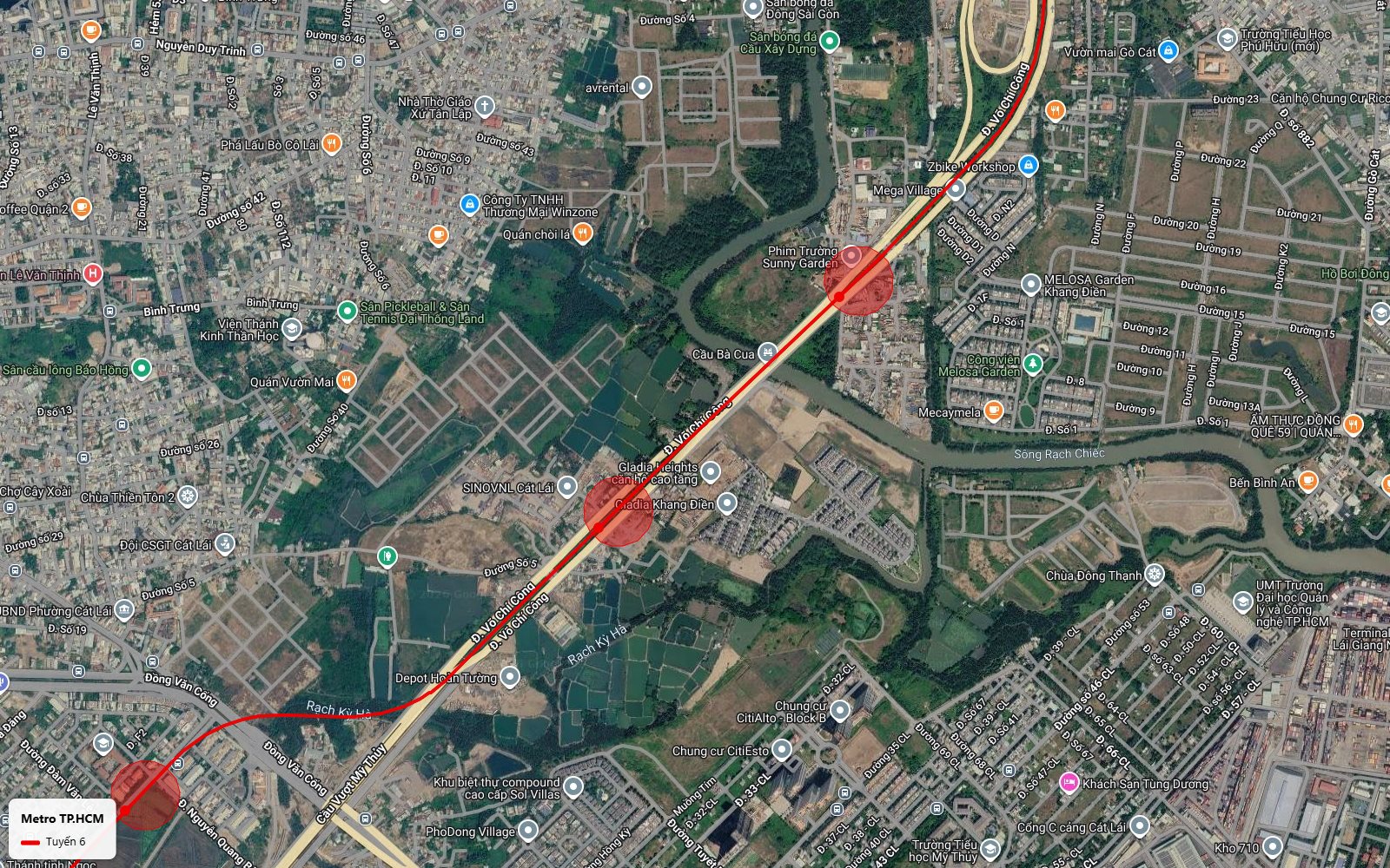 Lộ trình tuyến metro số 6 dọc Võ Chí Công vượt cầu Bà Cua qua Mega Village Melosa Garden Khang Điền và depot Hoàn Tường