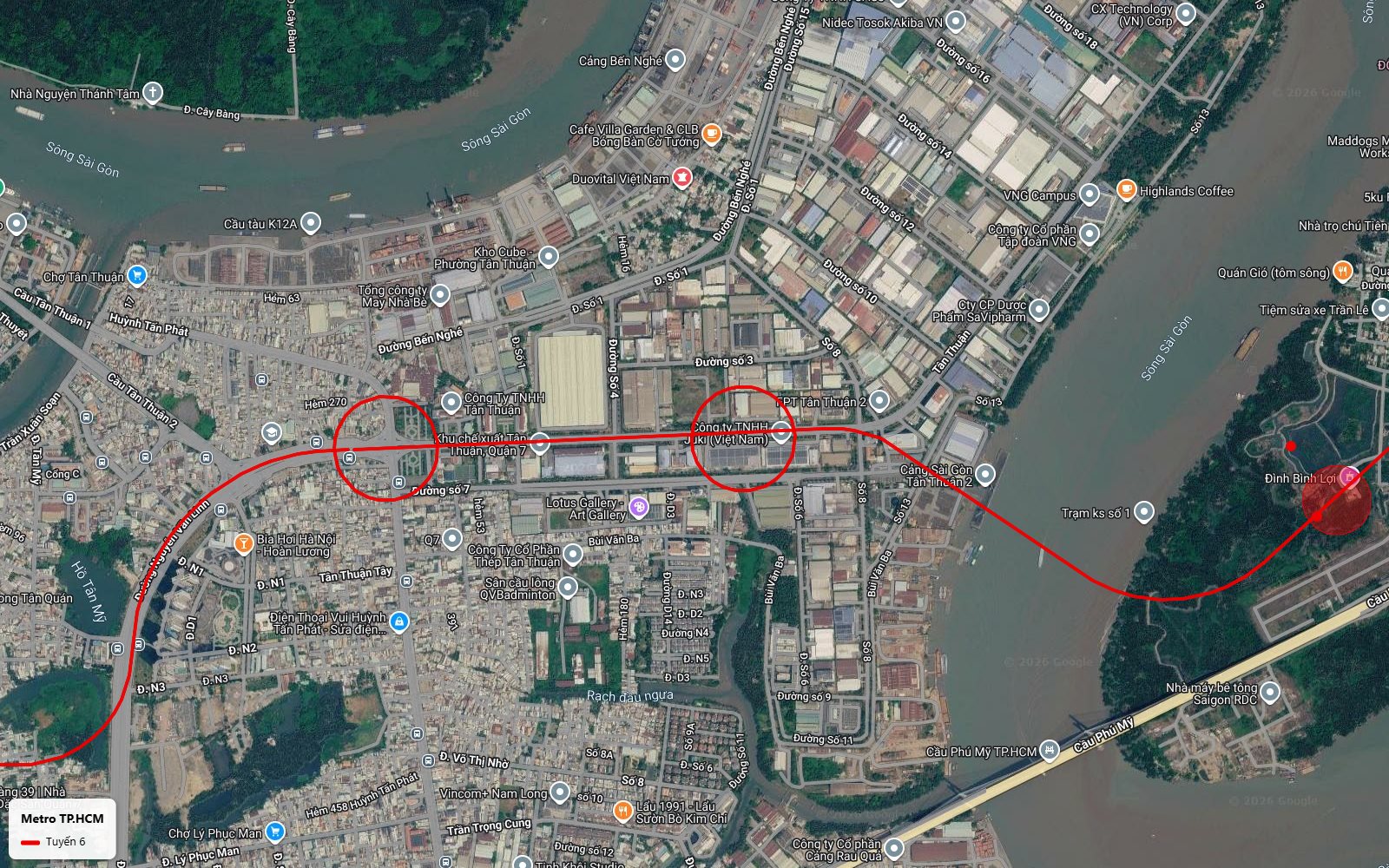 Lộ trình tuyến metro số 6 xuyên Khu chế xuất Tân Thuận Quận 7 với ga gần Công ty Juki và đường Huỳnh Tấn Phát