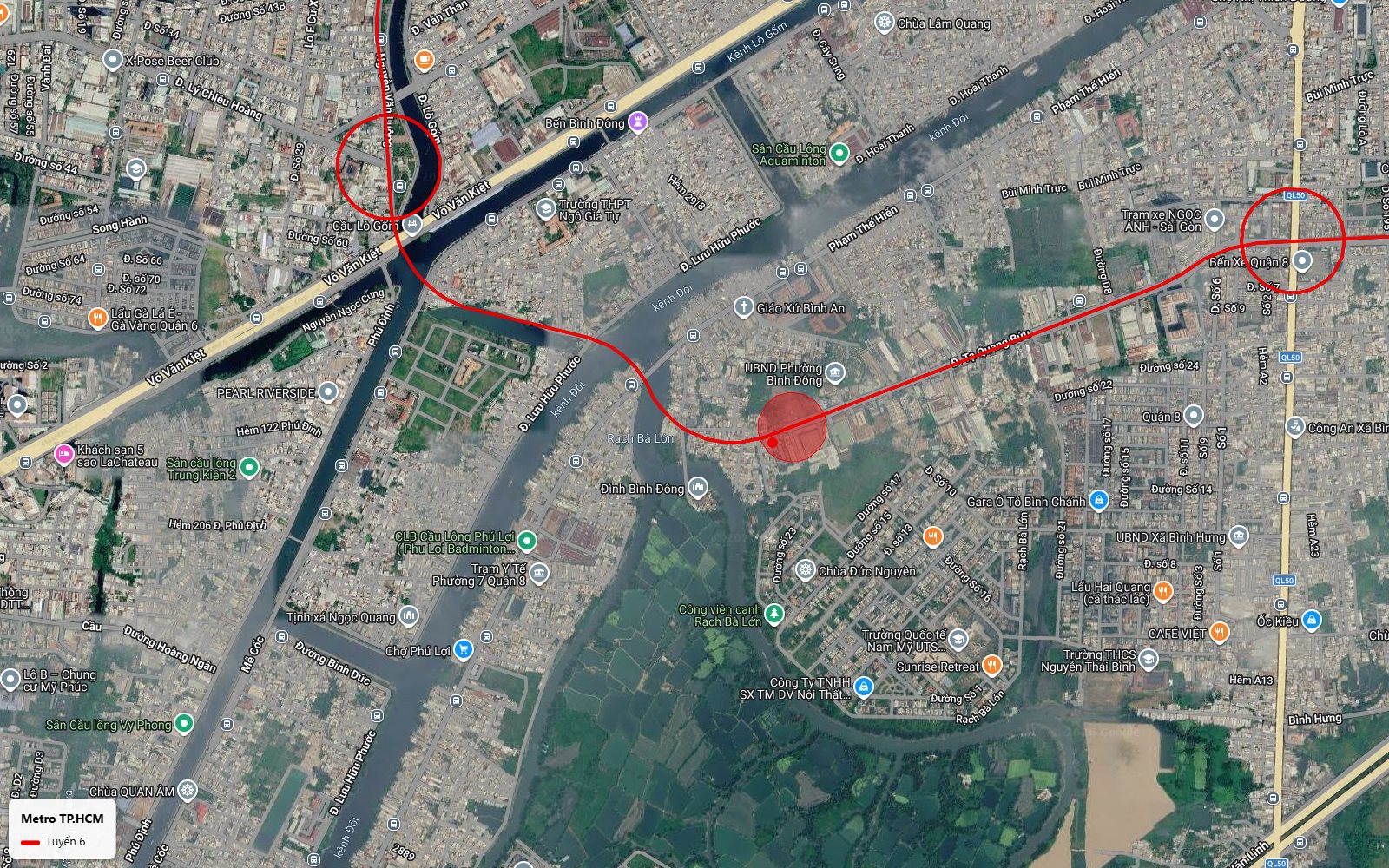 Lộ trình tuyến metro số 6 qua phường Bình Đông vượt kênh Đôi men Lưu Hữu Phước hướng cầu Lò Gốm và Võ Văn Kiệt