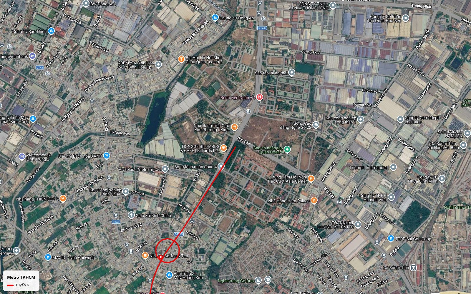 Lộ trình nhánh Bắc tuyến metro số 6 kết thúc tại khu vực ga Sóng Thần giữa khu công nghiệp Bình Chiểu và Sóng Thần 1