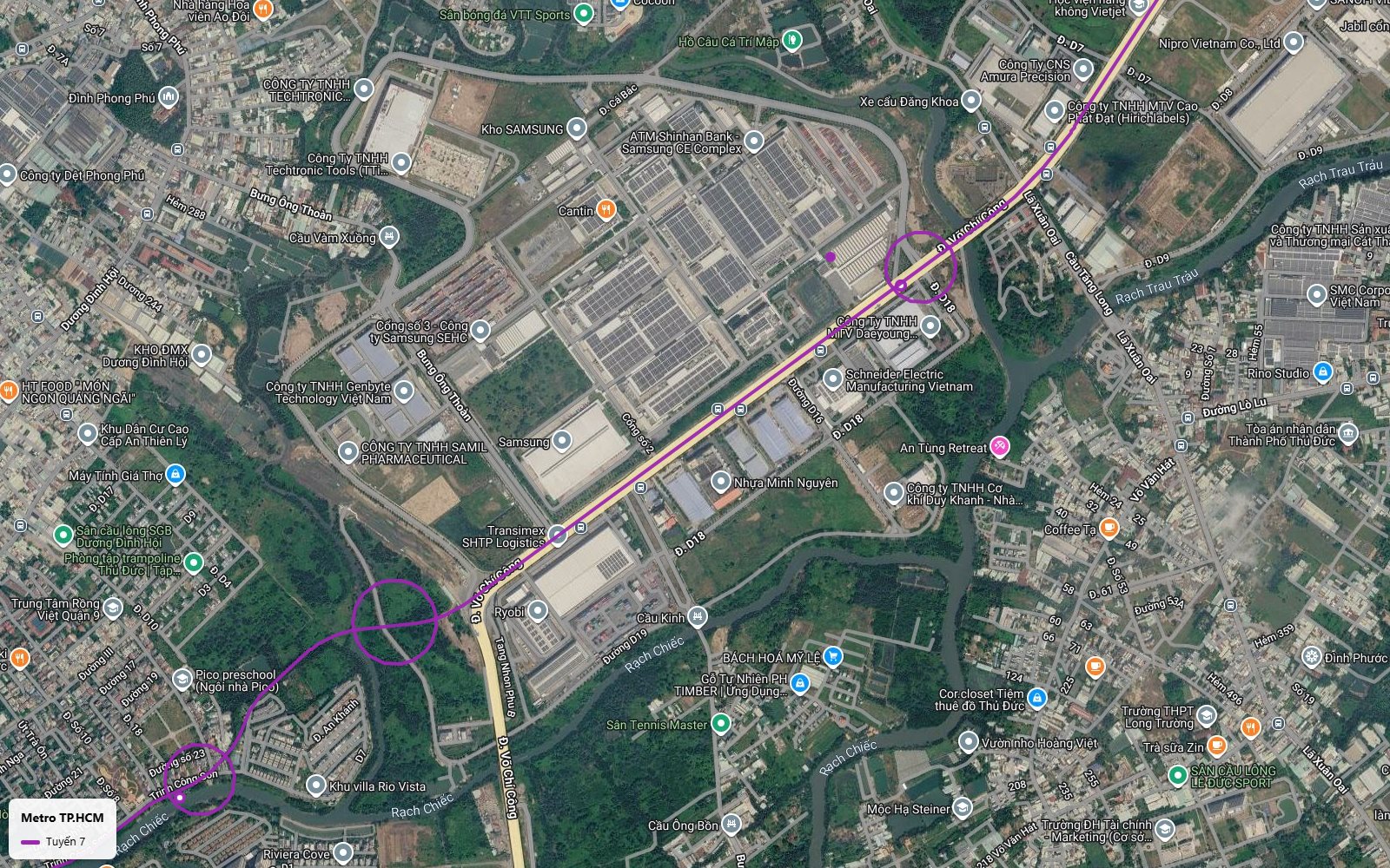 Lộ trình tuyến metro số 7 chạy dọc đường Võ Chí Công ngang nhà máy Samsung SEHC rồi rẽ hướng rạch Chiếc