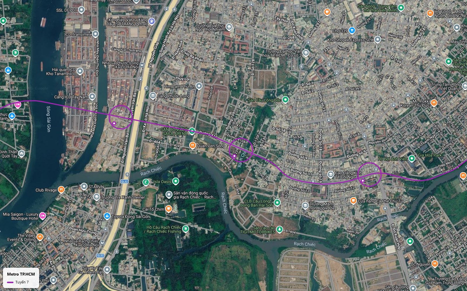 Lộ trình tuyến metro số 7 cắt ngang Xa lộ Hà Nội gần nhà ga Phước Long metro số 1 và cụm cảng ICD Trường Thọ