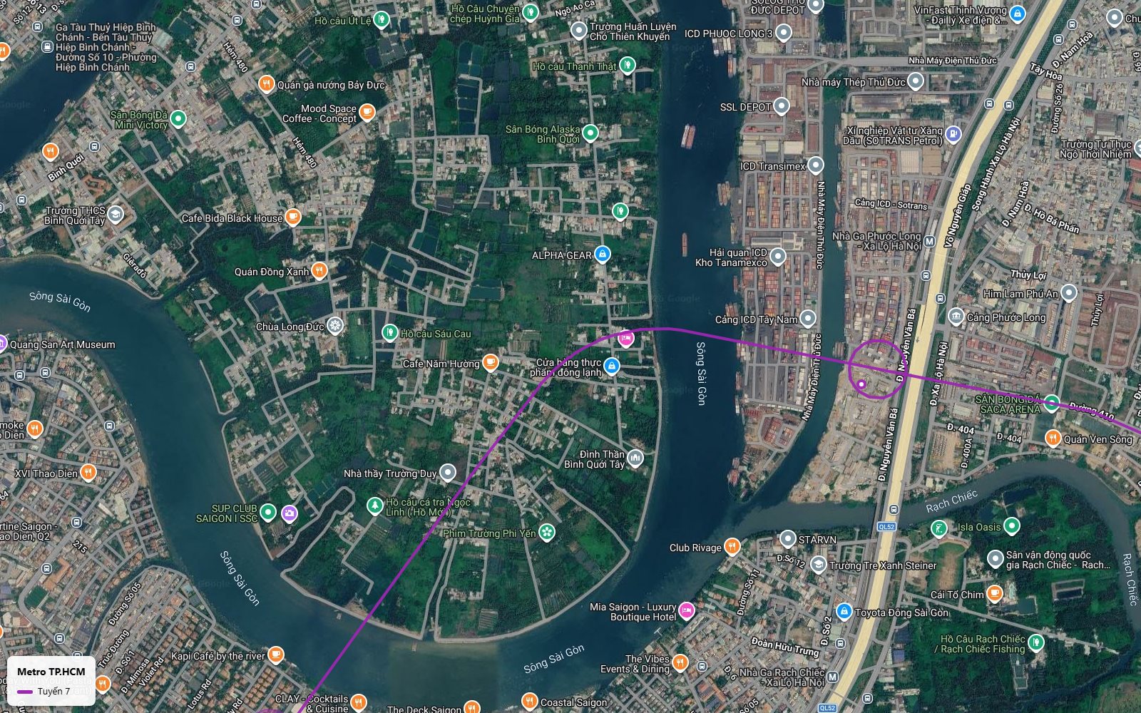 Lộ trình tuyến metro số 7 vượt sông Sài Gòn từ khu cảng Trường Thọ băng chéo qua bán đảo Bình Quới Thanh Đa