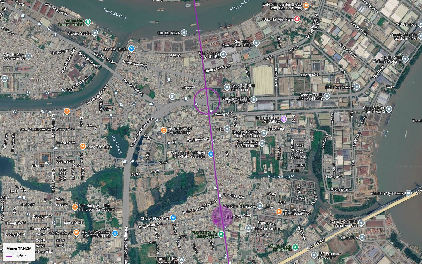 Lộ trình tuyến metro số 7 qua Khu chế xuất Tân Thuận Quận 7 với ga tại nút đường số 7 và trục Huỳnh Tấn Phát