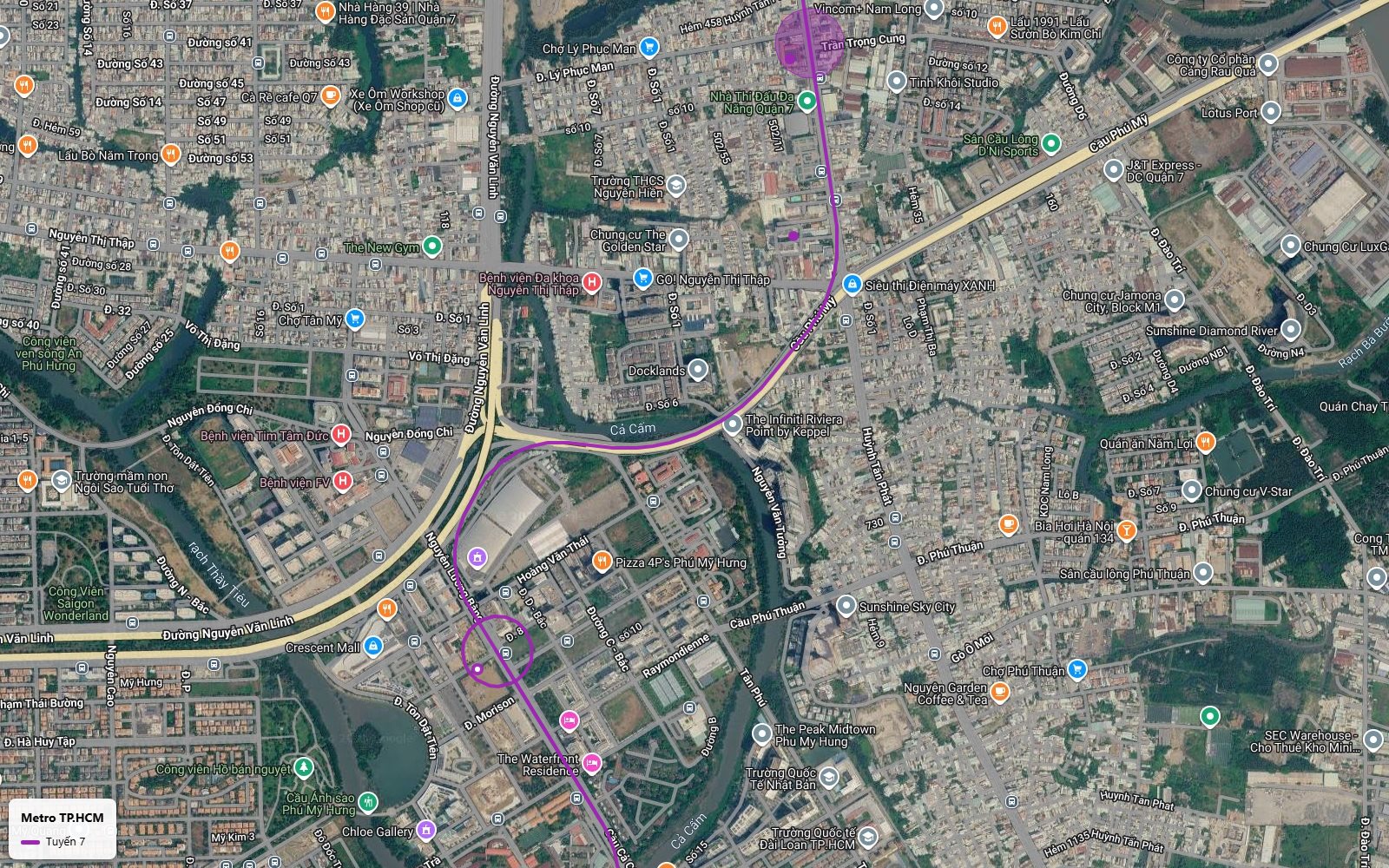 Lộ trình tuyến metro số 7 với ga ngầm khu Trần Trọng Cung Quận 7 và đường cong men rạch Cả Cấm về Crescent Mall