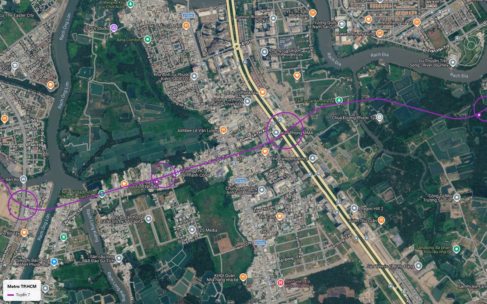 Lộ trình tuyến metro số 7 theo đường Đào Sư Tích qua xã Phước Kiển Nhà Bè với ga gần Trường THCS Lê Thành Công