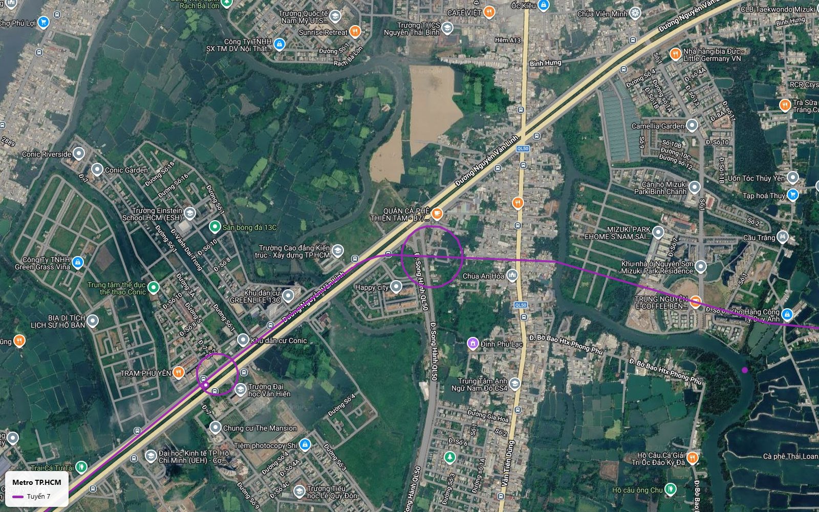 Lộ trình tuyến metro số 7 nhập đại lộ Nguyễn Văn Linh tại nút Quốc lộ 50 qua khu dân cư Conic và Đại học Văn Hiến