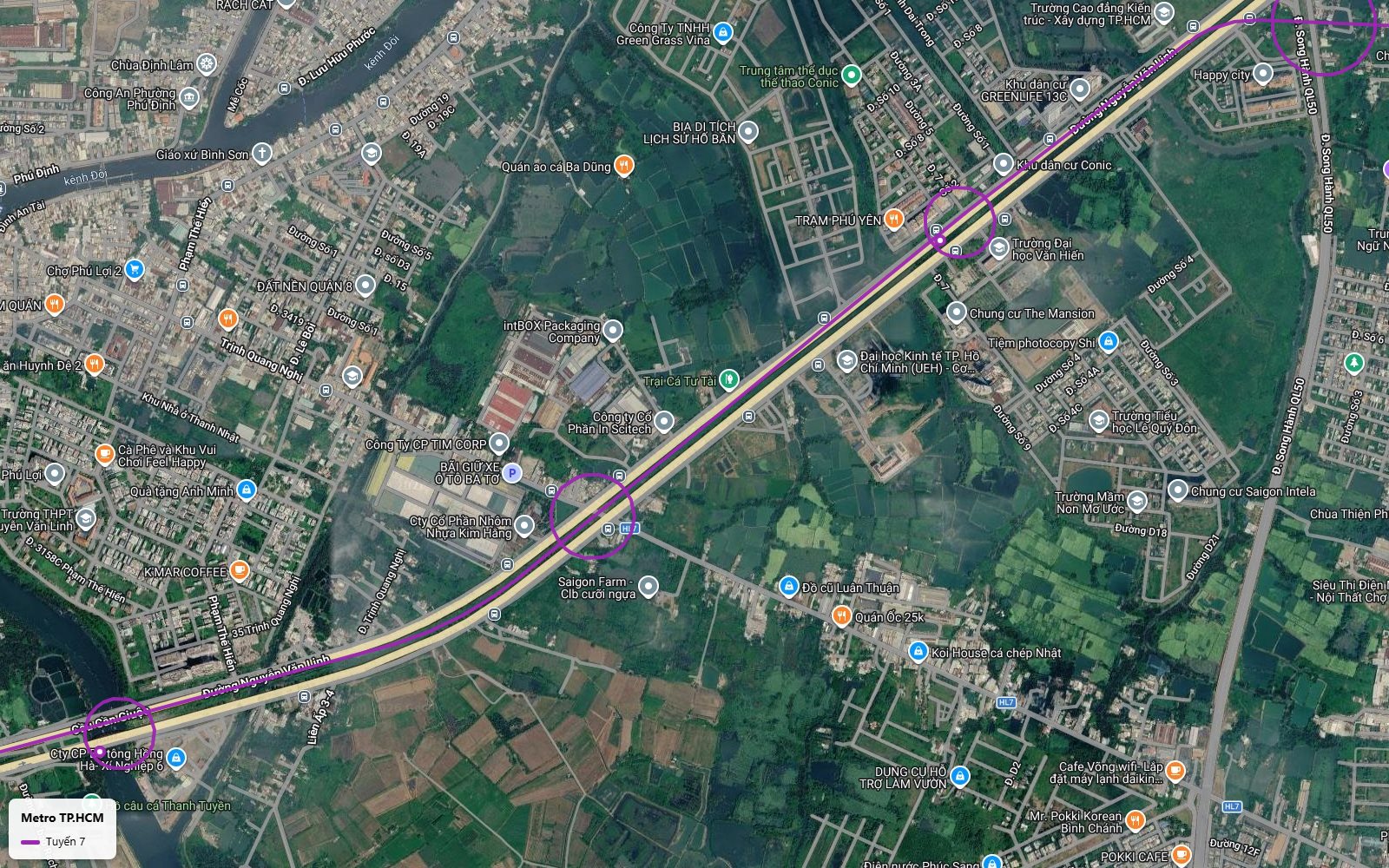 Lộ trình tuyến metro số 7 dọc đại lộ Nguyễn Văn Linh qua Đại học Văn Hiến và UEH hướng về cầu Cần Giuộc