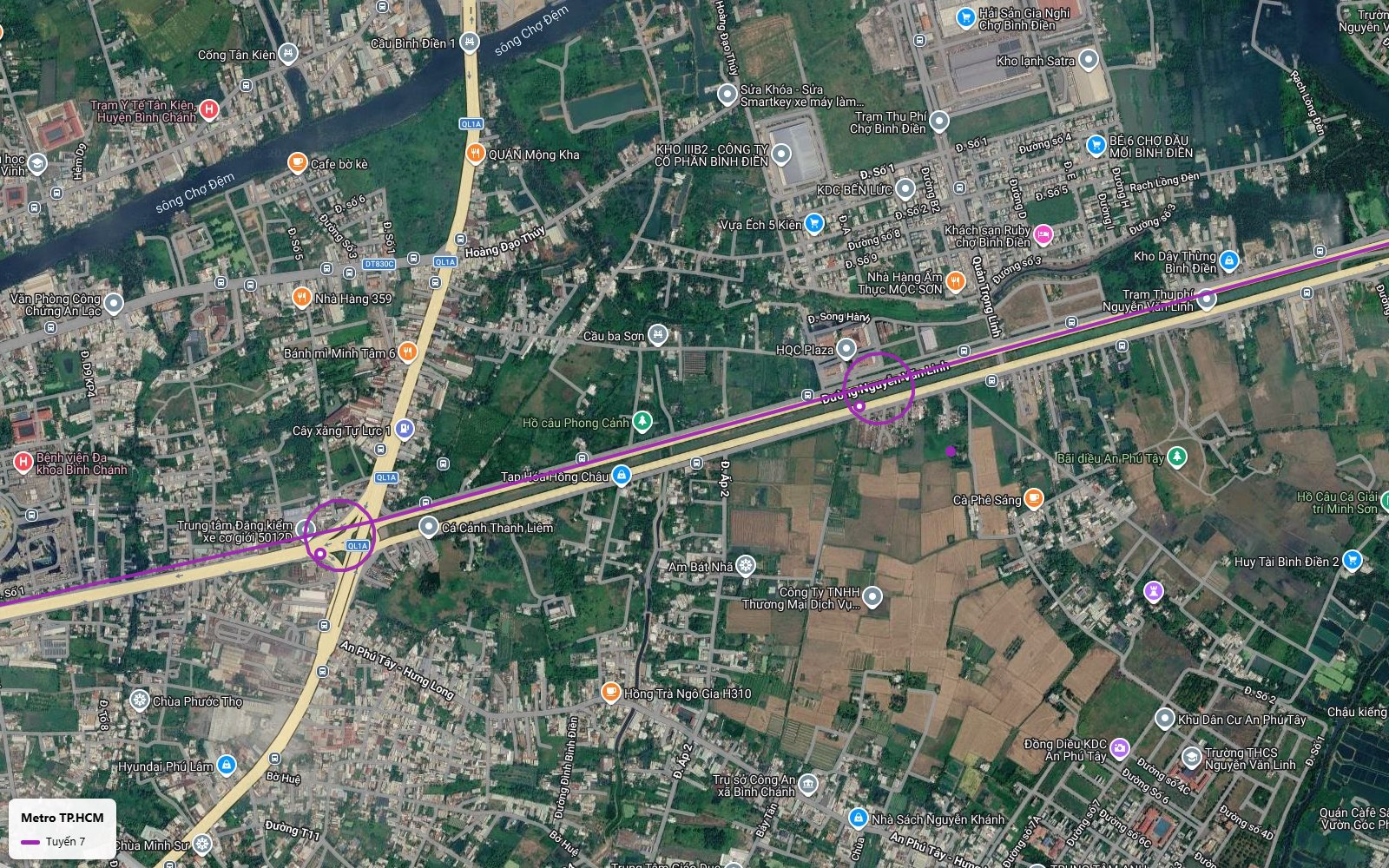 Lộ trình tuyến metro số 7 với ga tại nút giao Nguyễn Văn Linh và Quốc lộ 1A gần Bệnh viện Đa khoa Bình Chánh