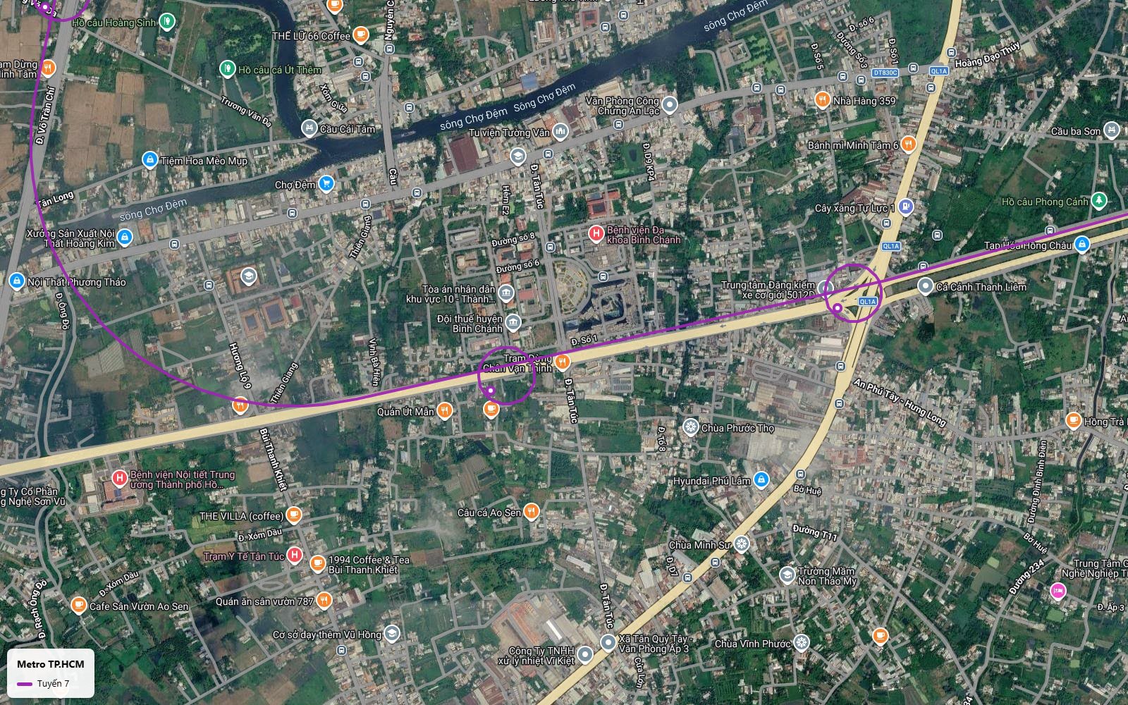Lộ trình tuyến metro số 7 qua thị trấn Tân Túc Bình Chánh với ga Trạm dừng chân Vạn Thịnh và đường cong về Võ Trần Chí