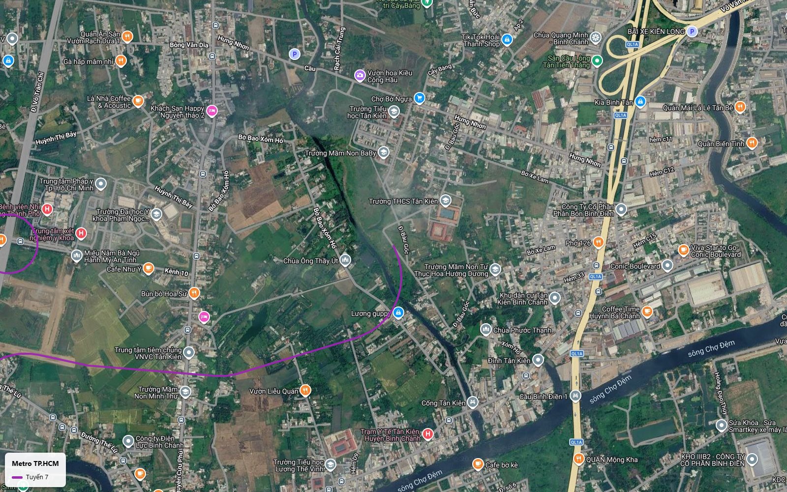 Điểm cuối lộ trình tuyến metro số 7 tại xã Tân Kiên huyện Bình Chánh gần Quốc lộ 1A và sông Chợ Đệm