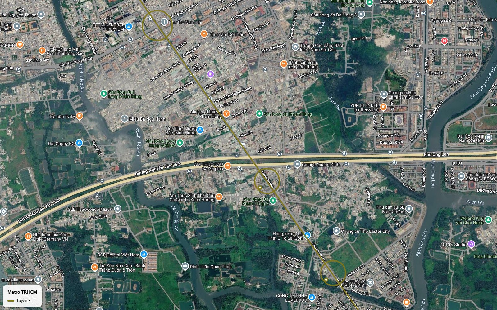 Lộ trình tuyến metro số 8 cắt đại lộ Nguyễn Văn Linh gần cầu Ông Lớn qua xã Bình Hưng RMIT Nam Sài Gòn
