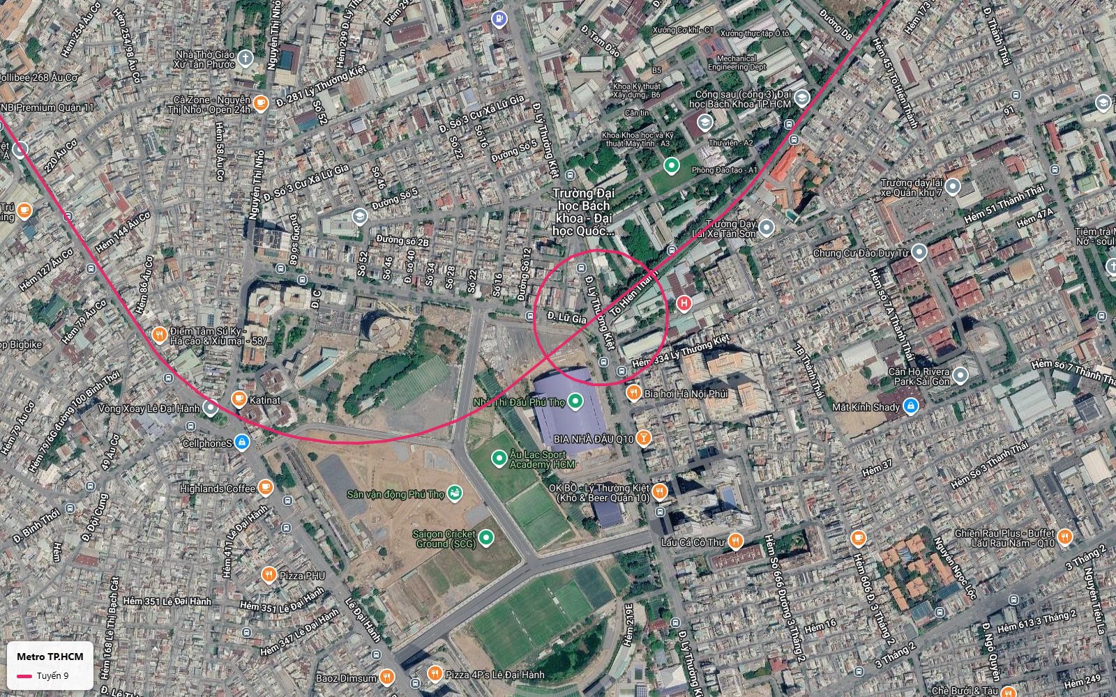 Lộ trình metro số 9 tại giao Lữ Gia Lý Thường Kiệt cạnh Nhà thi đấu Phú Thọ và sân vận động Phú Thọ