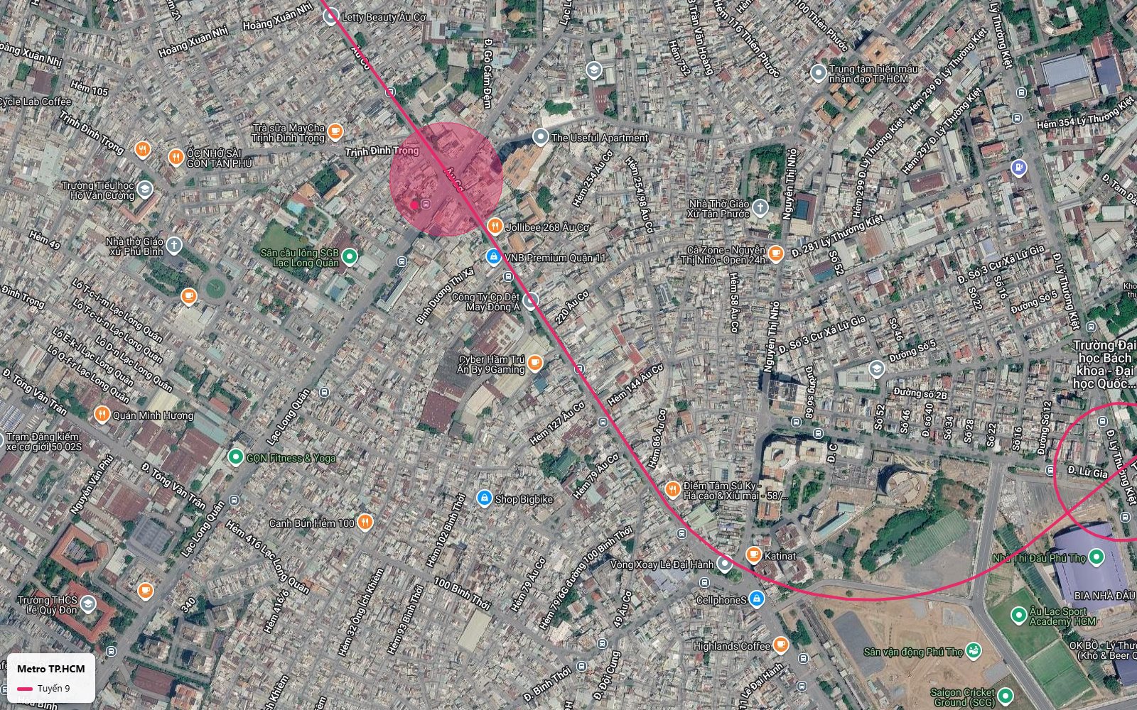 Lộ trình metro số 9 nhập đường Âu Cơ với vùng ga ngầm khu Trịnh Đình Trọng gần Lạc Long Quân