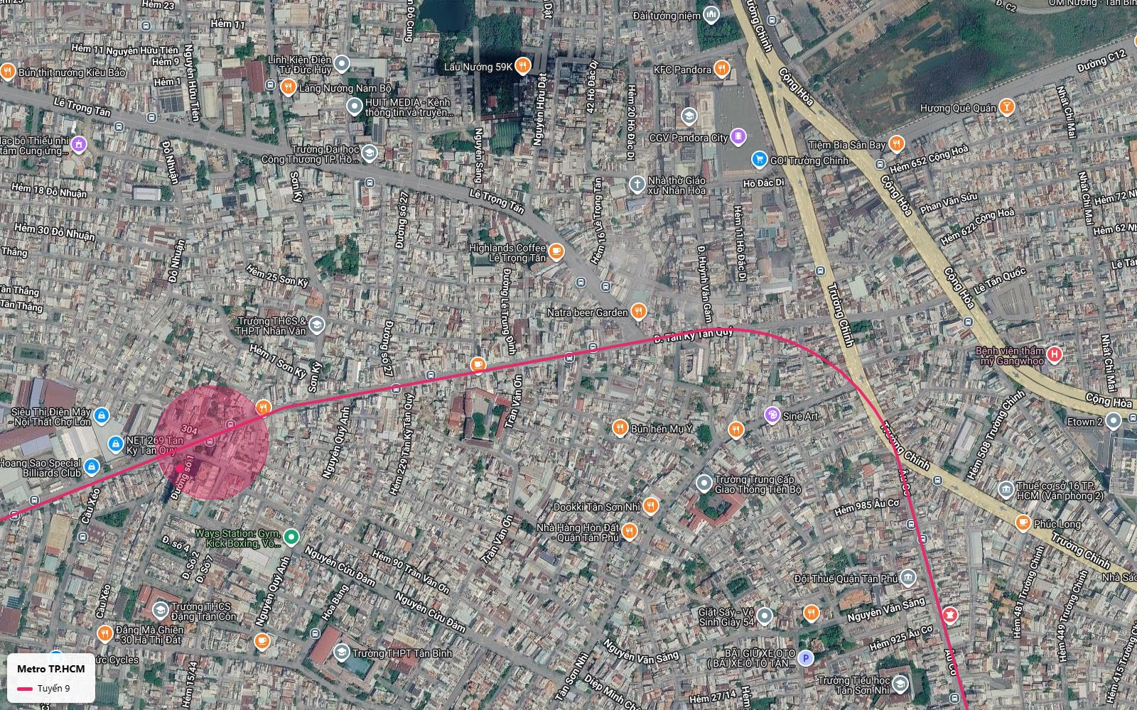 Lộ trình metro số 9 rời Âu Cơ nhập đường Tân Kỳ Tân Quý với vùng ga khu Sơn Kỳ Tân Phú