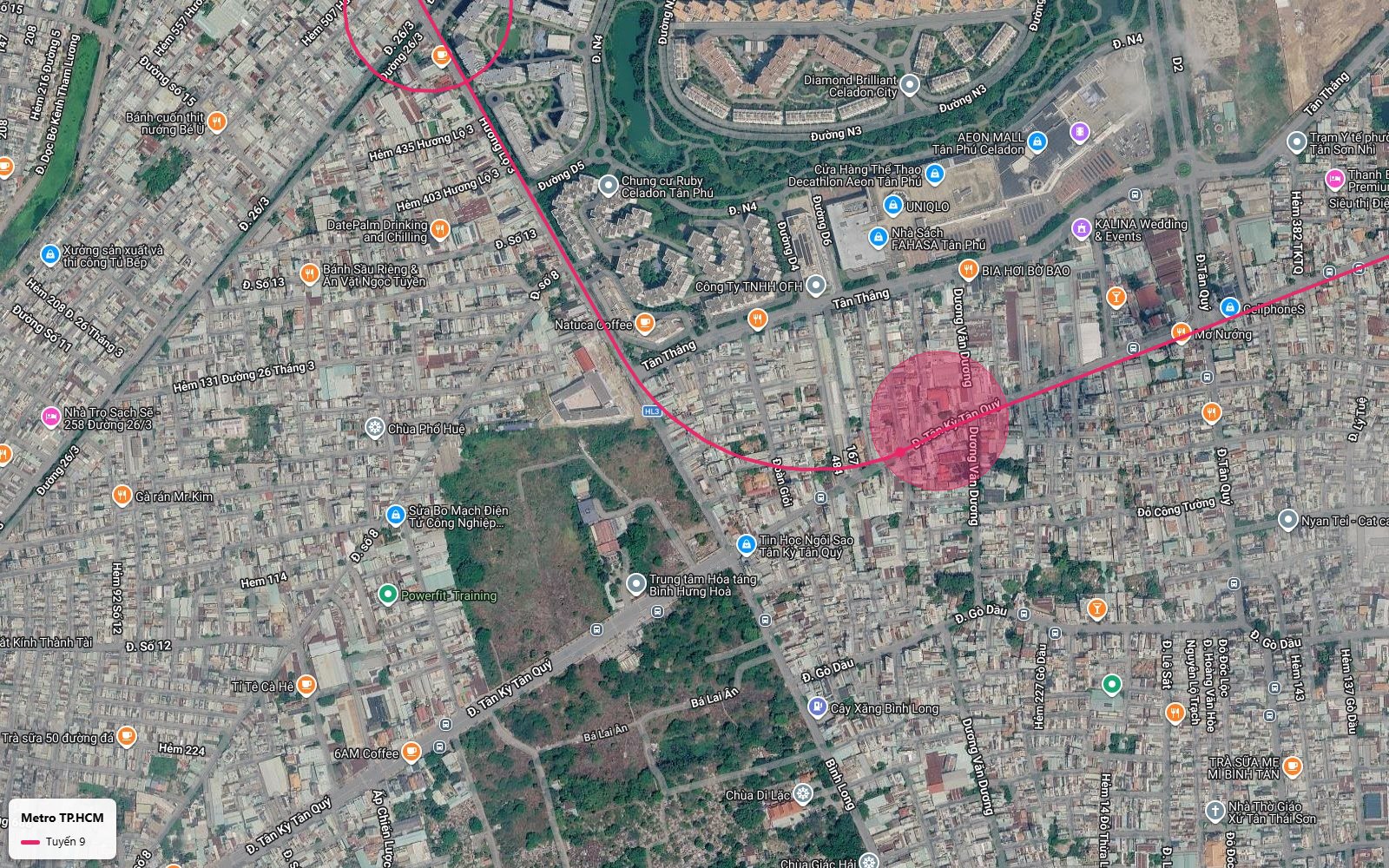 Lộ trình metro số 9 uốn từ Tân Kỳ Tân Quý lên Hương lộ 3 vào Bình Hưng Hòa quận Bình Tân