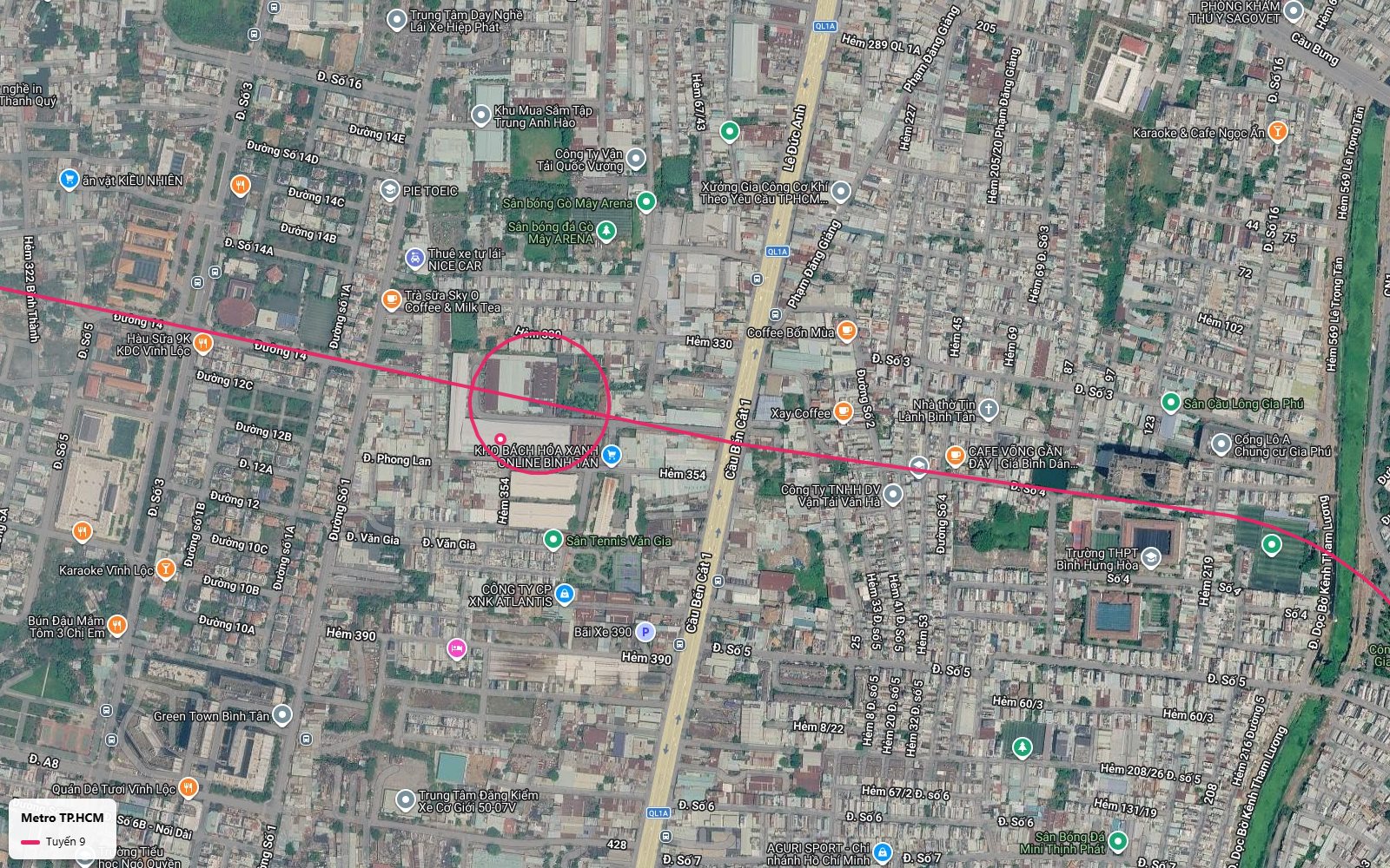 Lộ trình metro số 9 vượt Quốc lộ 1 tại khu Gò Mây và cầu Bến Cát 1 quận Bình Tân