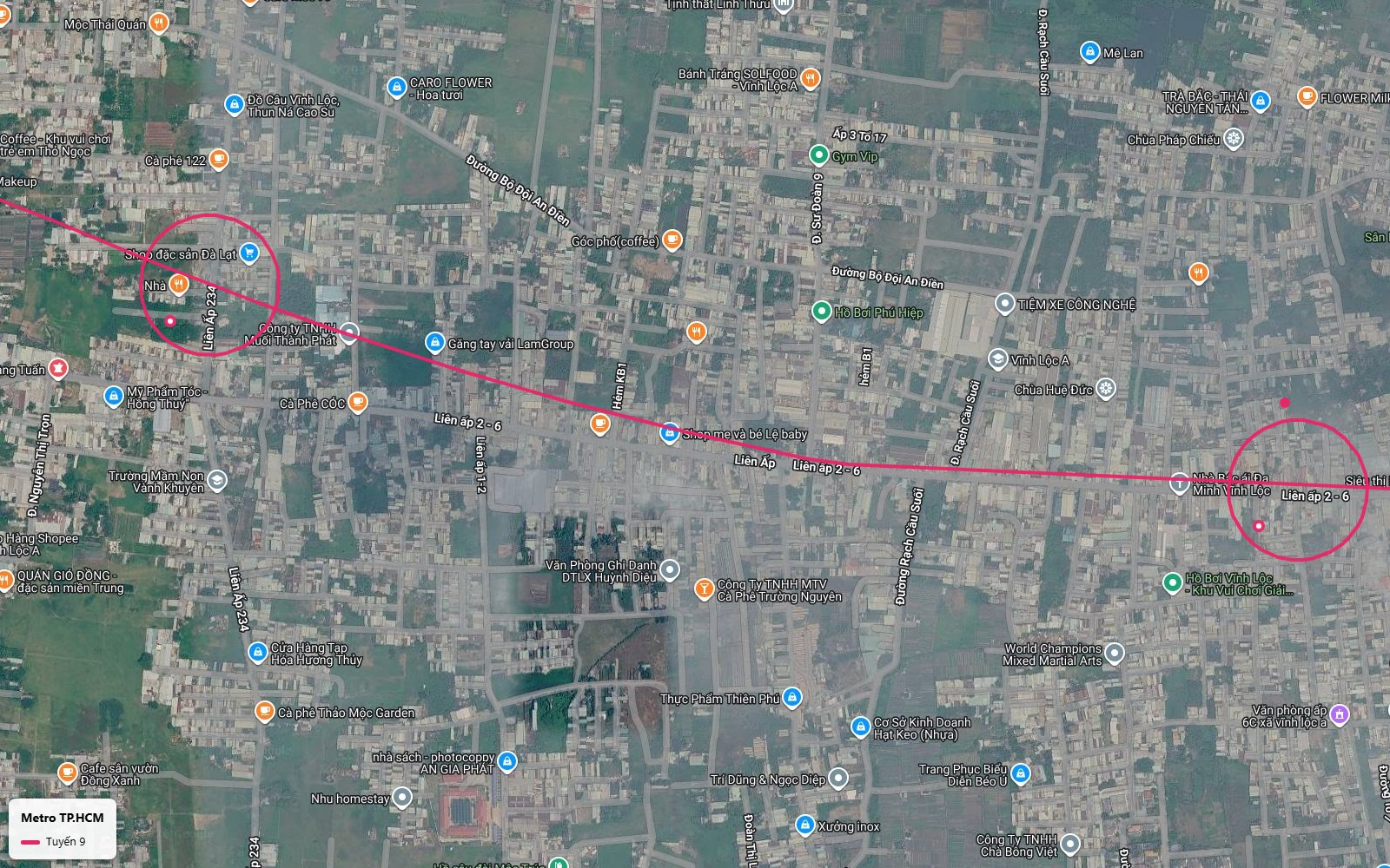 Lộ trình metro số 9 qua hai nhà ga trên trục Liên ấp 2-6 khu Liên Ấp 234 và đường Rạch Cầu Suối